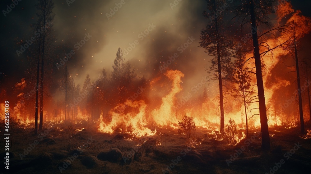 Forest fire, natural disaster, rampant fire burning trees and grass. Smoke from a fire over the forest. 3d rendering .full ultra HD, High resolution
