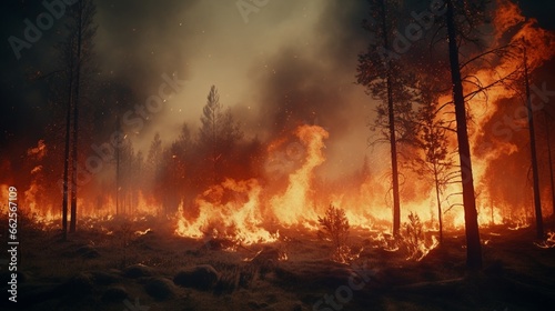 Forest fire, natural disaster, rampant fire burning trees and grass. Smoke from a fire over the forest. 3d rendering .full ultra HD, High resolution © Muqeet 