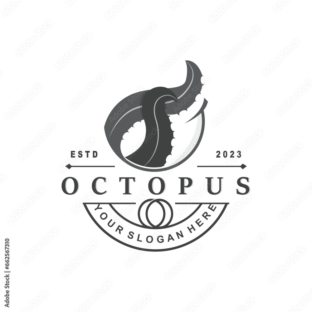 Obraz premium Octopus Logo, Old Retro Vintage Design Ocean Animal Vector Tentacle Illustration Template