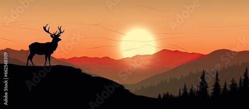 Mountain sunset with elk silhouette With copyspace for text