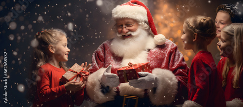 Santa Claus giving christmas gift to children in december