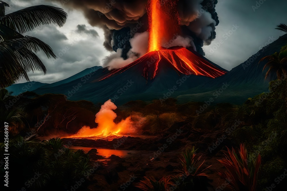 A spectacular, ferocious volcano exploding in a tropical environment.