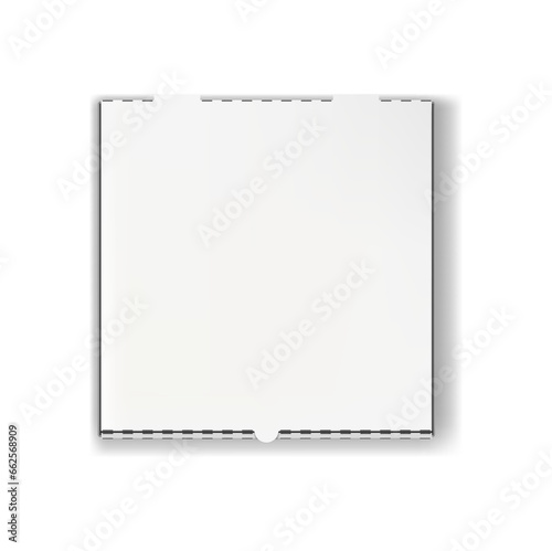 Pizza box isolated 3d vector mockup. Realistic closed blank pack top view. White paper carton mock up for restaurant meal delivery service, fast food identity, advertising and branding