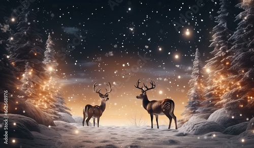 Two reindeers in jungle at winter night © May Thawtar