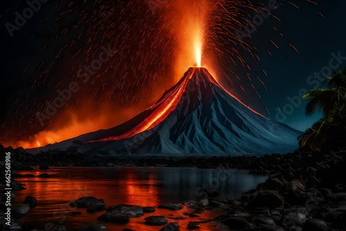 n impressive, fiery volcano exploding in a tropical environment.