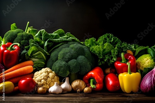 A variety of Fresh Vegetables on a table landscape background with copy space on black background