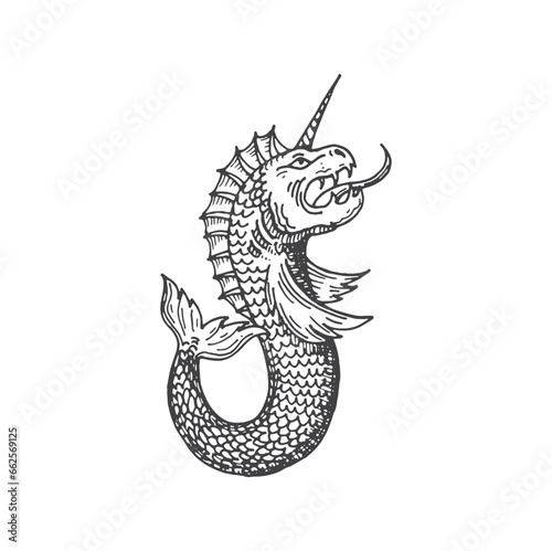 Medieval heraldic animal monster sketch. Fantasy creature, magic animal or horned sea monster, medieval narwhal heraldic etching vector emblem. Mythical beast ancient coat of arms, sketch insignia
