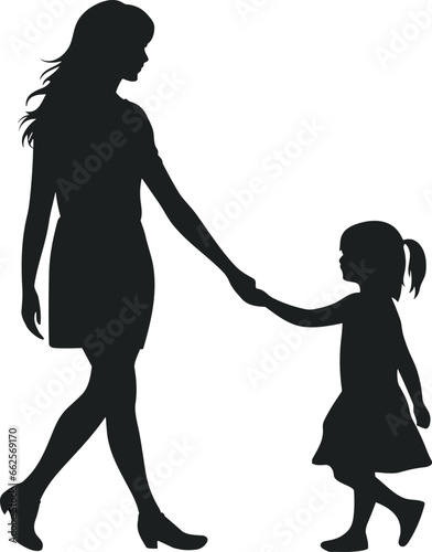 silhouette of mother holding girl hand, mother and kid walking together vector