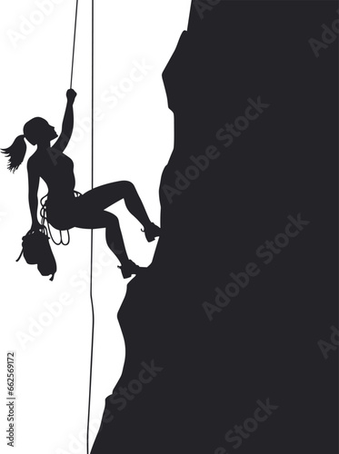silhouette of a trekking girl climbing mountain with a rope vector