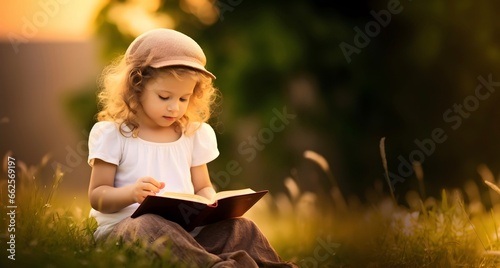 Little girl reading holy bible book in the rice field at sunrise photo