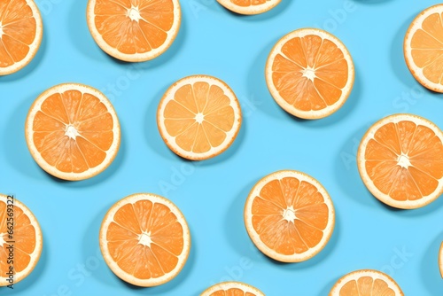 Orange slices, spaced out on blue Banner background mockup with copy space