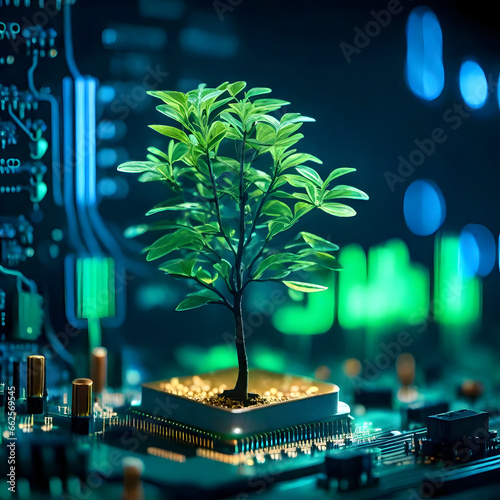 Tree grow on the chip of computer board. Green computing, Green technology, Concept of green technology. Environment green technology.
