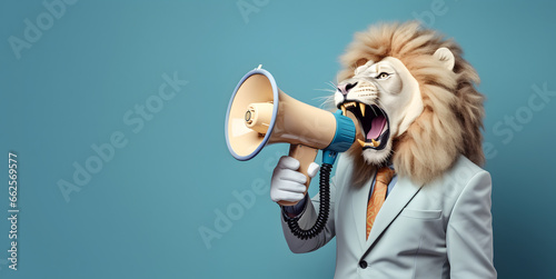 Lion announcing using hand speaker. Notifying, warning, announcement.