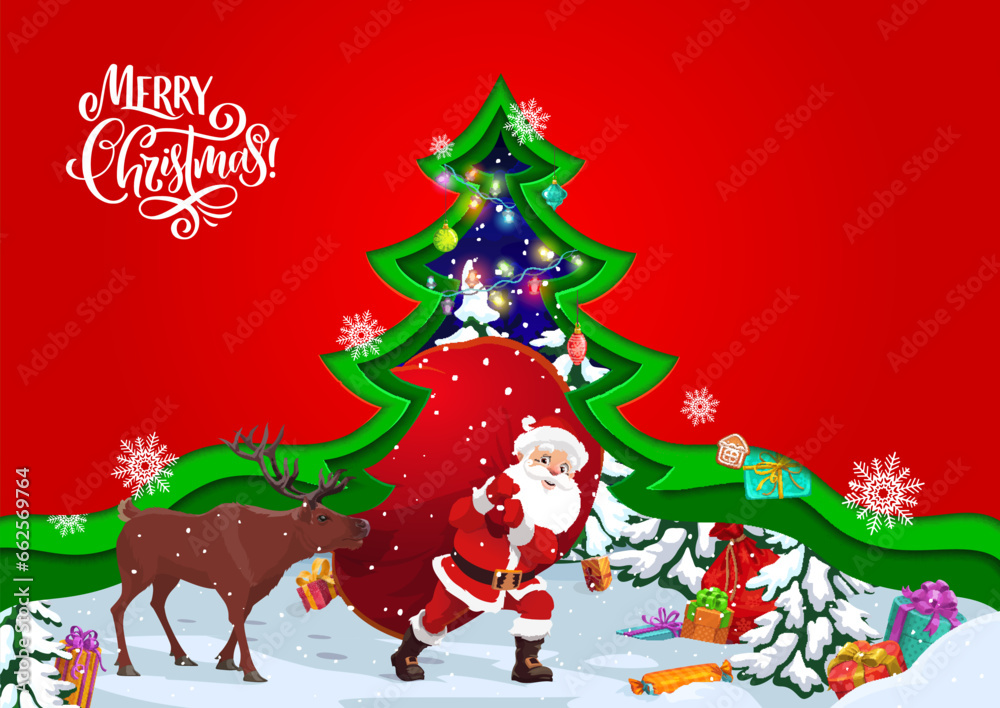 Christmas paper cut pine tree with santa on sleigh and presents on snow. Vector greeting card with 3d effect frame, cartoon Funny noel carry gift bag and deer near decorated spruce at holiday night Christmas paper cut pine tree with santa on sleigh and presents on snow. Vector greeting card with 3d effect frame, cartoon Funny noel carry gift bag and deer near decorated spruce at holiday night