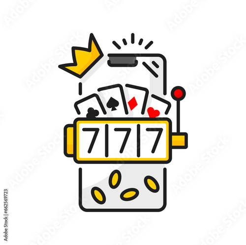 777 reeling gambler roulette, playing device slot color line icon. Vector slot machine with lucky sevens, combination gambling game machine