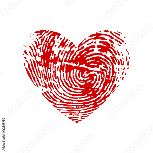 Ink fingerprint heart love, romantic filings symbol. Marriage anniversary celebration thumb print, couple romance thumbprint grungy texture. Valentine holiday ink fingerprint heart scan, vector stamp
