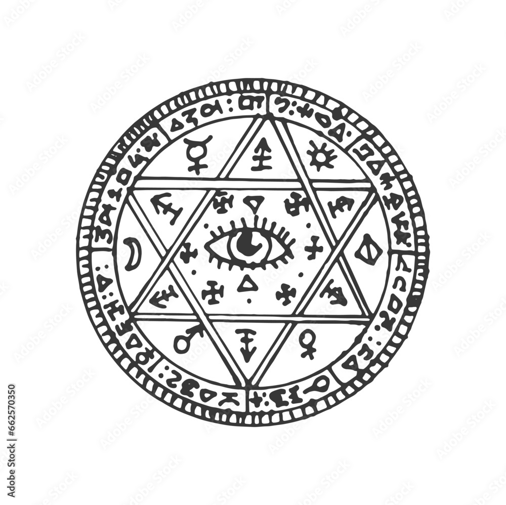 Pentagram with magic eye, satanic star and sacred aztec symbol. Vector alchemy, witchcraft and masonry, mystic amulet, meditation circle sketch
