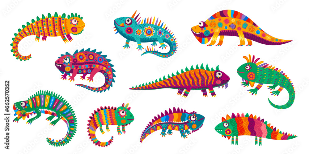 Cartoon Mexican iguana lizard characters, reptiles with ethnic ornament, vector funny animals. Iguanas lizard with Mexican folk art pattern ornament, tropical lizard or gecko with cute faces - obrazy, fototapety, plakaty 