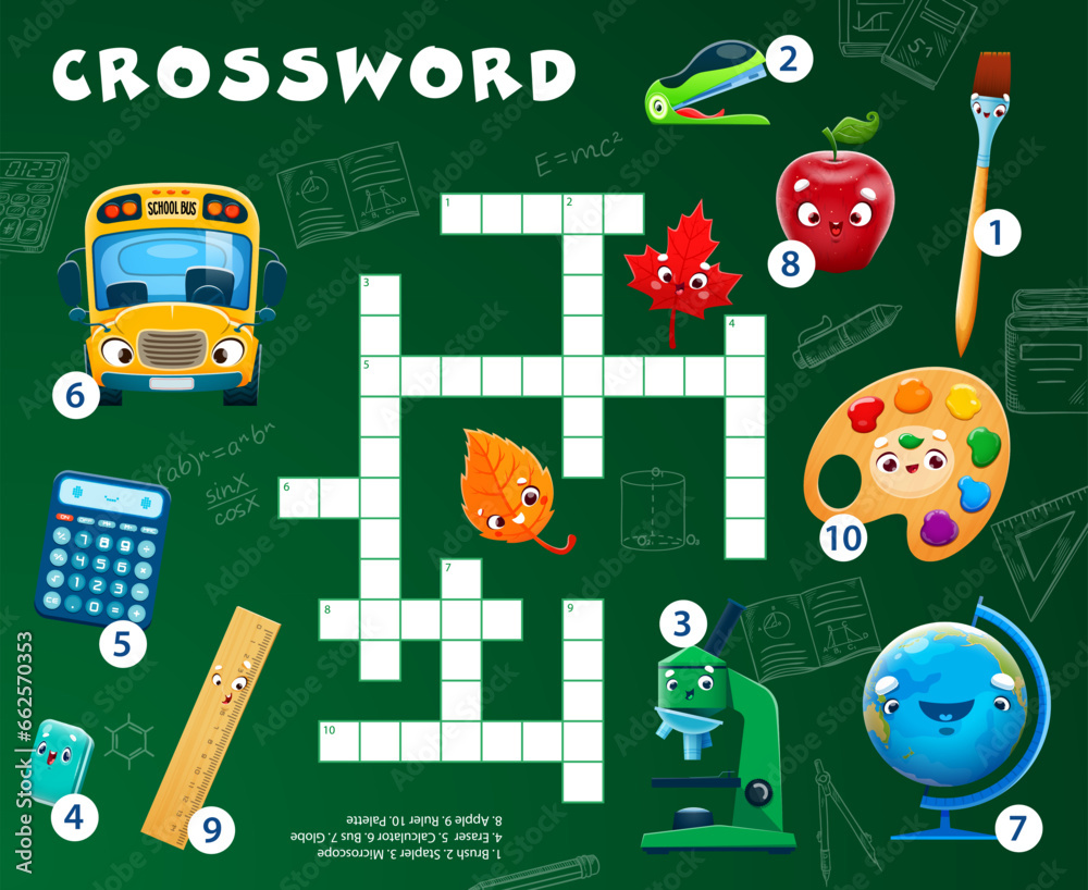Naklejka premium Crossword quiz game. School education stationery cartoon characters word grid puzzle worksheet. Vector cute school bus, microscope, calculator and ruler, apple, brush and globe personages kids game