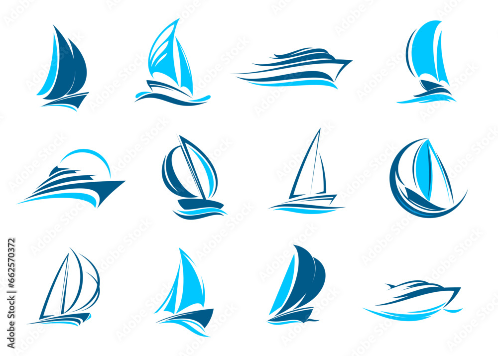 Yacht boat, sailing icon. Yachting sport club, vacation marine tour or sea travel agency simple vector emblem. Ship transportation service minimalistic icon or symbol with cruise ships, sail vessels - obrazy, fototapety, plakaty 