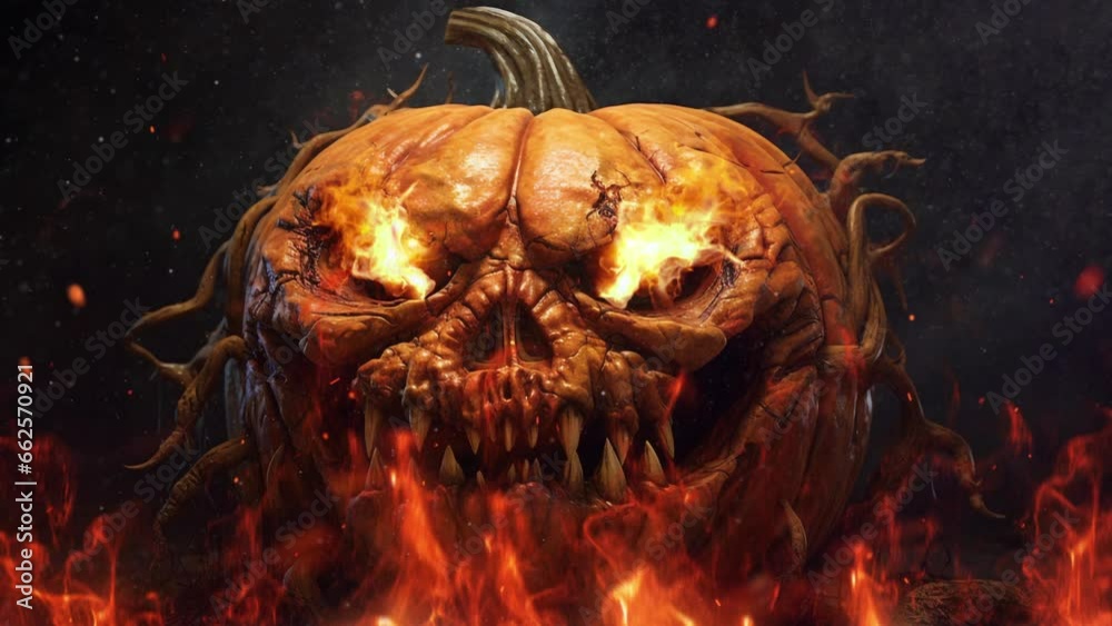 Tête de citrouille d'Halloween effrayante en feu