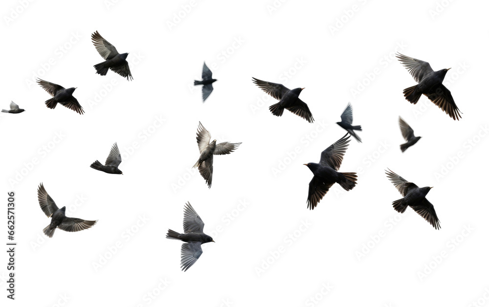 Flying Flock Black Birds Isolated on Transparent Background PNG.
