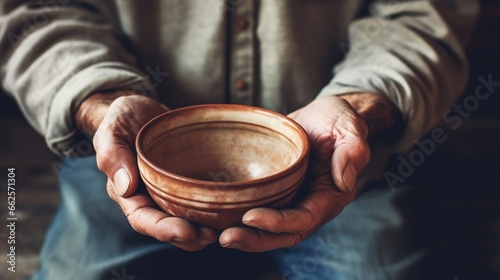 hands the poor old man s and empty bowl on wood background. The concept of hunger or poverty. Selective focus. Poverty in retirement.Homeless. Alms full ultra HD  High resolution