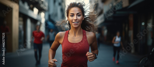 Athletic attractive young woman running a marathon in the streets