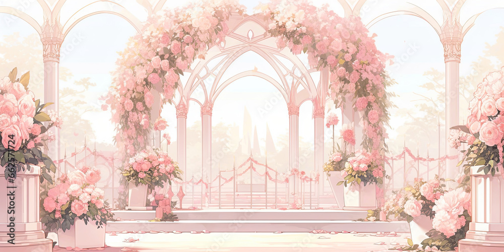 Fototapeta premium Wedding flower arch floral archway anniversary background backdrop art, generated ai 