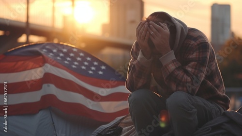 Homeless man hands on his head in despair wearing dark cloths in a tent, USA flag and beautiful city down town at sunrise. Financial problems and social issue. Losing hope to change your life concept.