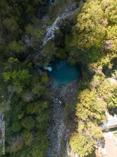 Drone perspective of the blue eye in the Albanian Alps