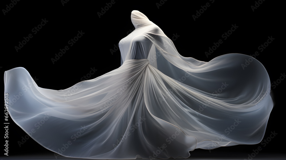 3D render mannequin display Silhouette of a woman draped with white sensual flowing flying silk cloth. for template and presentation. copy text space.