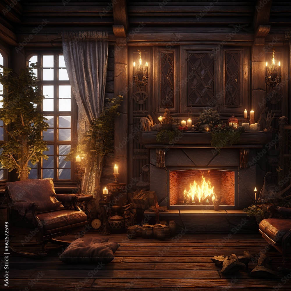 Begin with a rich, dark wood background to evoke a rustic and cozy atmosphere, Generative AI