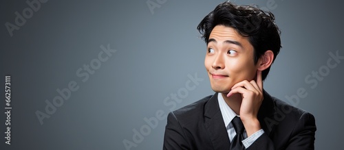 Amusing Asian man in deep thought With copyspace for text photo