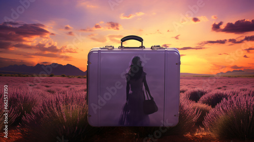 Woman suitcase lavender sunset