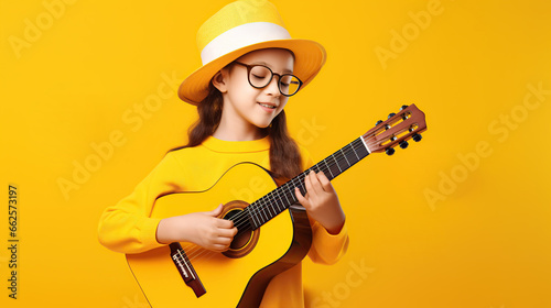 girl playing guitar isolated on yellow background 