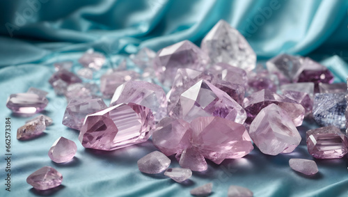 Kunzite crystals stones on blue background. Love and healing stones.