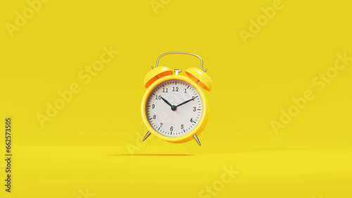 3d rendering a yellow alarm clock floating above the yellow floor and background.