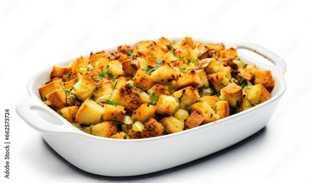 bowl of cornbread stuffing on white background bowl of cornbread stuffing on white background