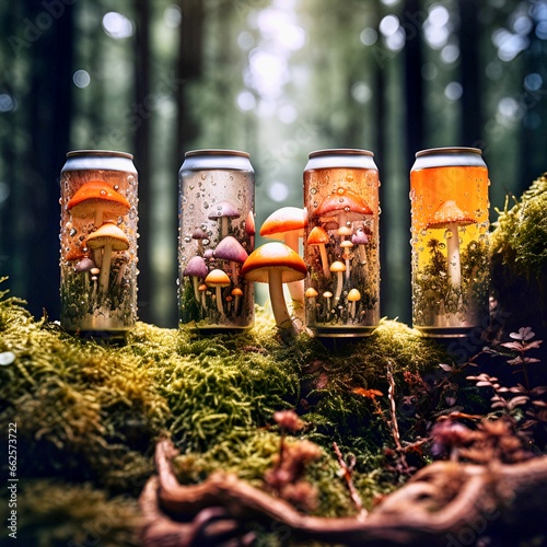 Non-alcoholic drinks with mushrooms as fizzy canned beverages 