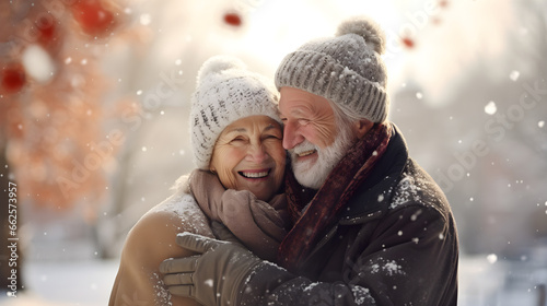 An elderly couple walks in a winter park #662573957