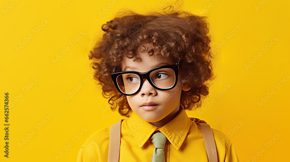 portrait of a schoolboy isolated on yellow background 