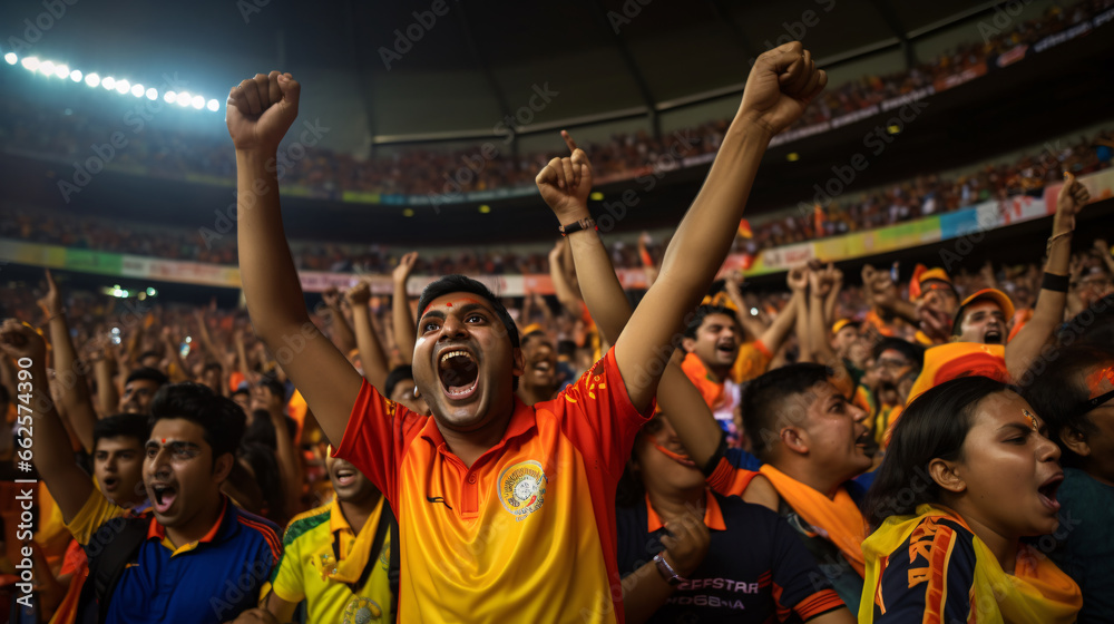 United in Excitement  Energetic Crowd of Sports Fans Heartily Cheering in a Packed Stadium