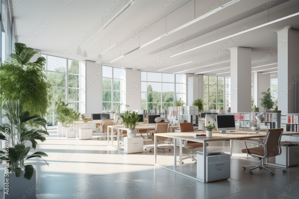 Fototapeta premium Spacious, modern, minimalistic, white office interior with work desks with computers and panoramic windows