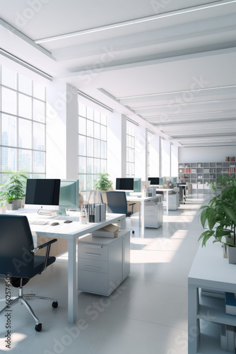 Spacious white minimalist office interior with sofas and work tables with computers and panoramic windows © Светлана Парникова