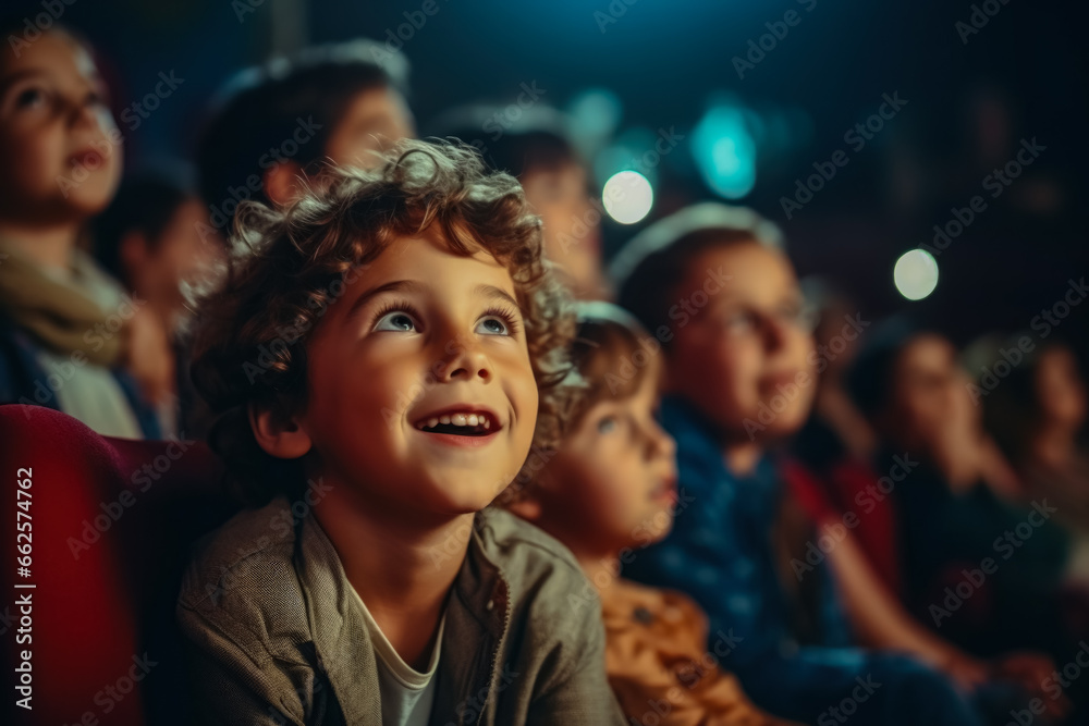 Little boy looks with interest to the scene in theatre  - obrazy, fototapety, plakaty 
