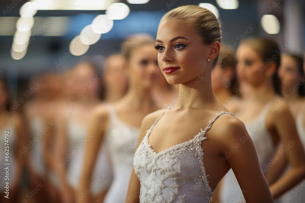 Fototapeta premium Ballerinas gracefully practicing their intricate snowflake choreography during rehearsal 