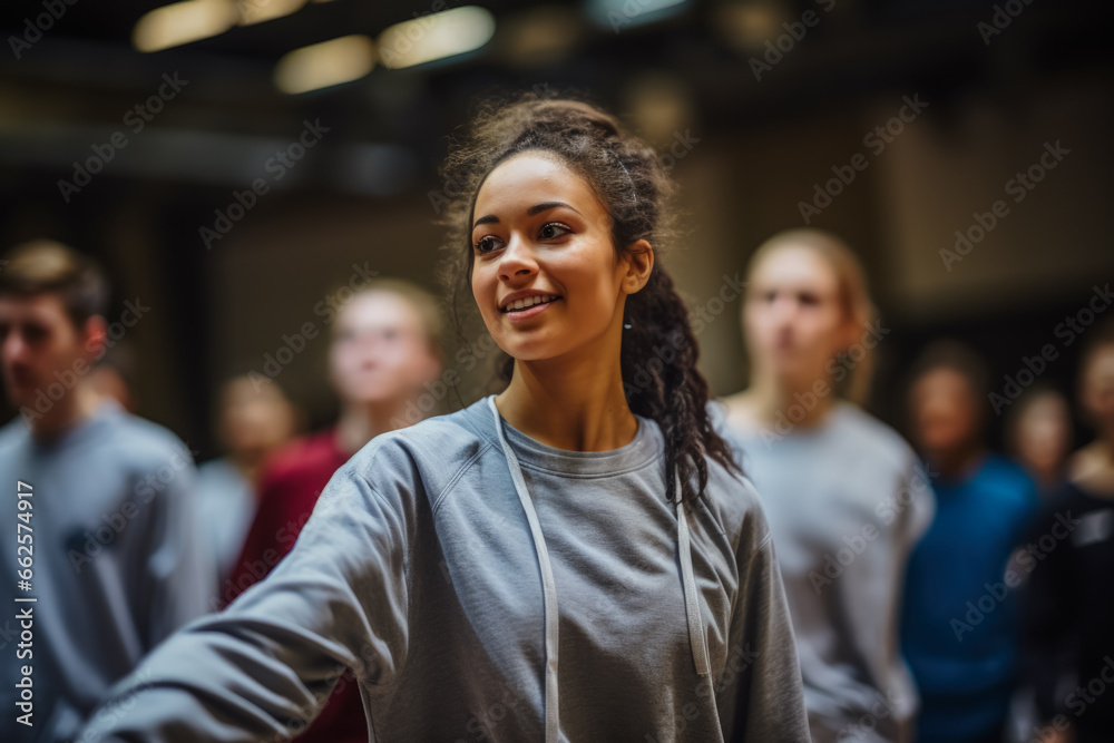 Obraz premium A choreographer leading a group of dancers through a complex routine during rehearsal 