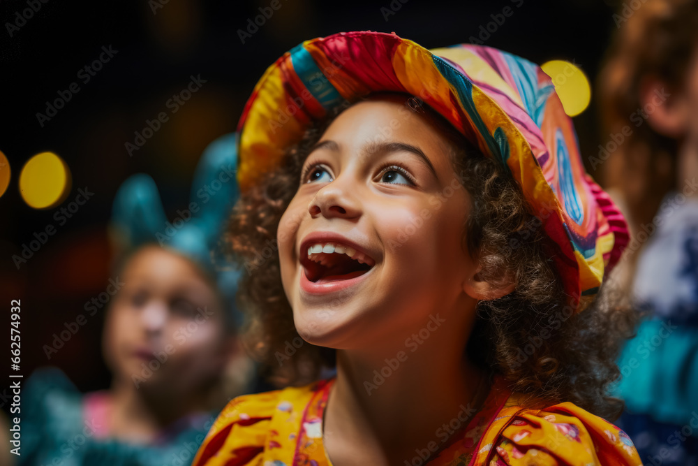 Fototapeta premium A group of children's theater students enthusiastically rehearsing a lively musical number 