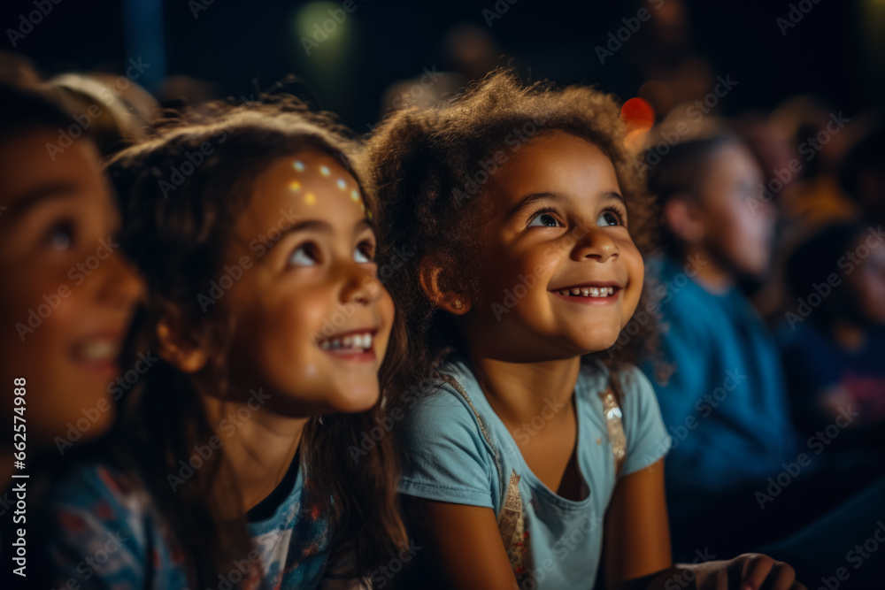 Wide-eyed kids in the audience captivated by the magic of live theater unfolding before them 